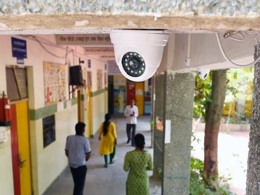 CCTV camera installed in an indoor corridor