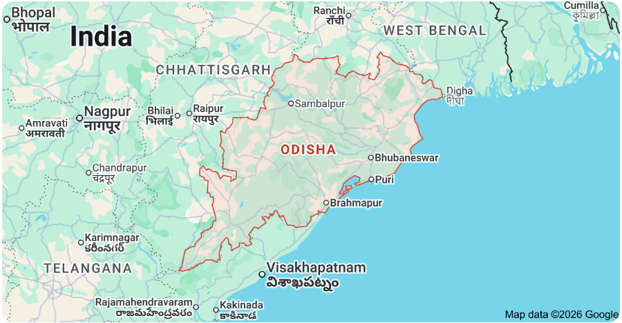 Map of Odisha showing Dynasty Max offices in Chandikhol, Cuttack, Bhubaneswar and Puri